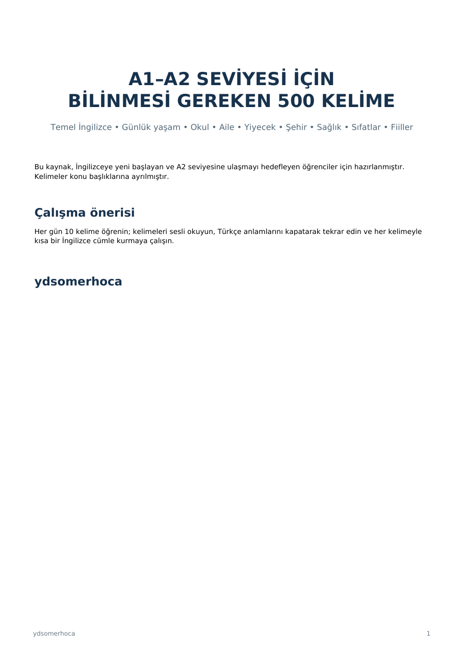 A1-A2 Seviyesi İçin Bilinmesi Gereken 500 Kelime kapak görseli