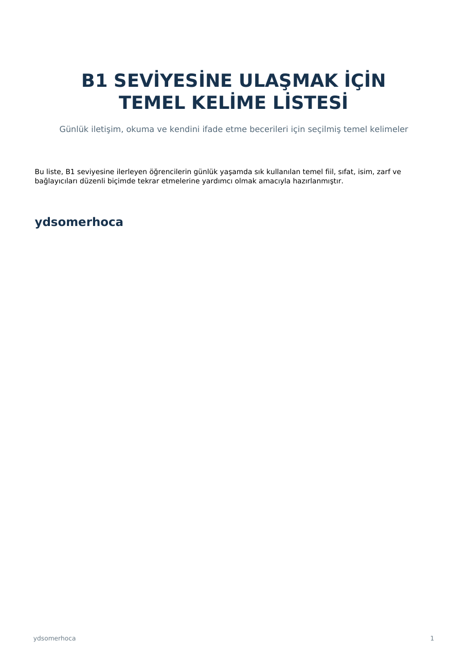 B1 Seviyesine Ulaşmak İçin Temel Kelime Listesi kapak görseli