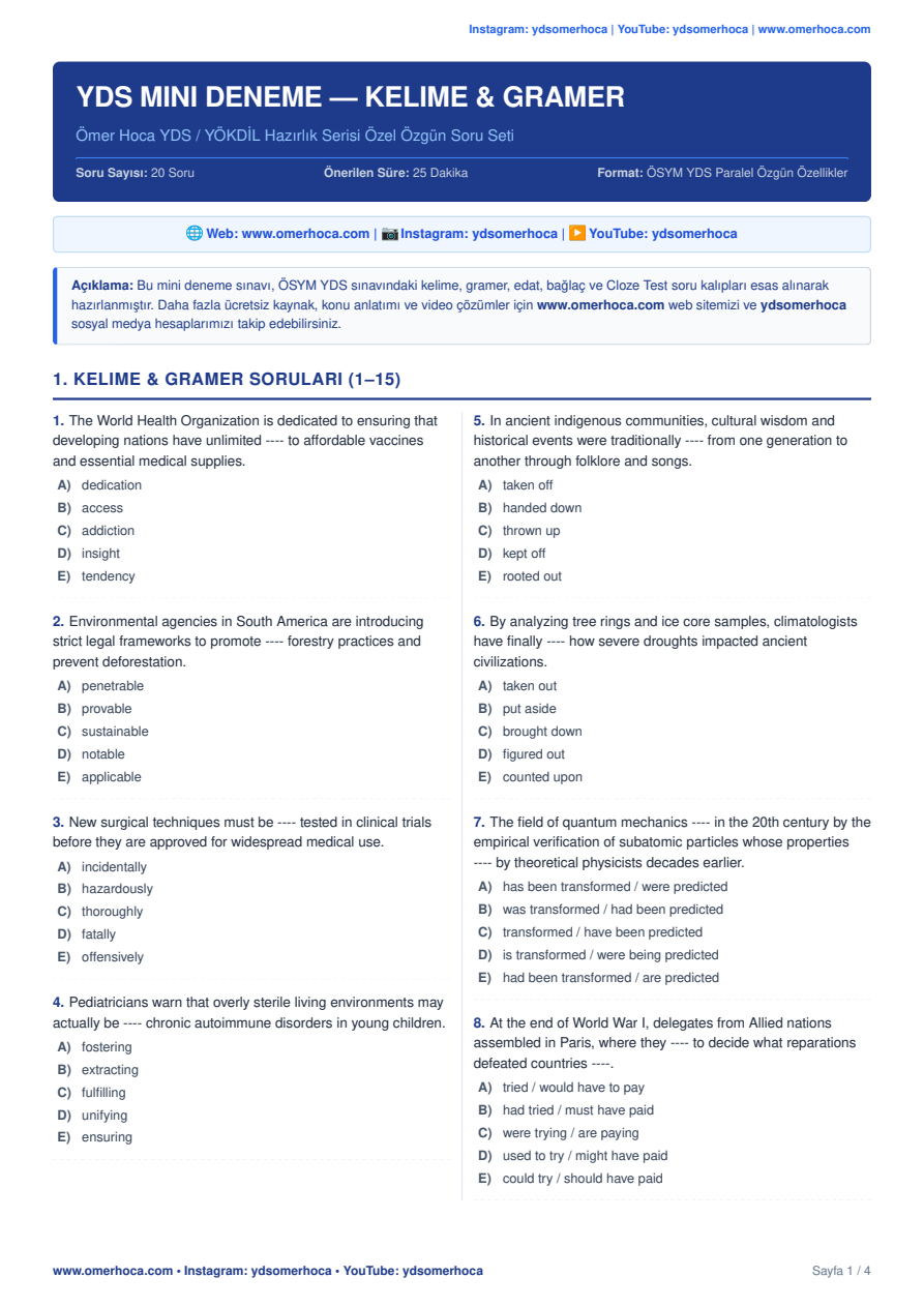 YDS Mini Deneme: Kelime & Gramer – 20 Soru kapak görseli